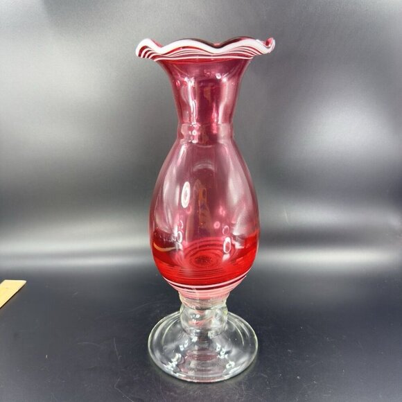 Art Glass Vase Cranberry With White Lines Footed Clear Bottom Glass Ruffled Top - Picture 12 of 12